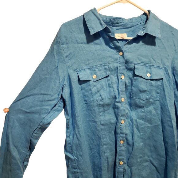 J. Jill Love 100% Linen Shirt Blue  Button Up Medium Boho Minimalist - Picture 3 of 9